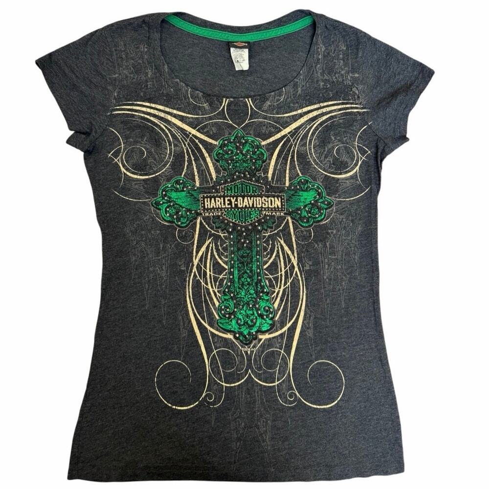 Harley Davidson Gem Bedazzled Print Cross Shirt T-shirt Size Small Motorcycle